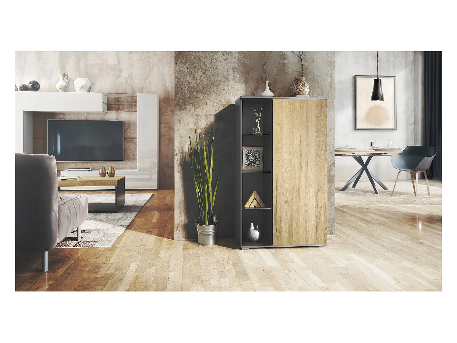 Vitrine Davos, vitrine sur pied avec 3 étagères en verre et 8 compartiments, anthracite mat/chêne nature  (71,5 x 134 x 35 cm)