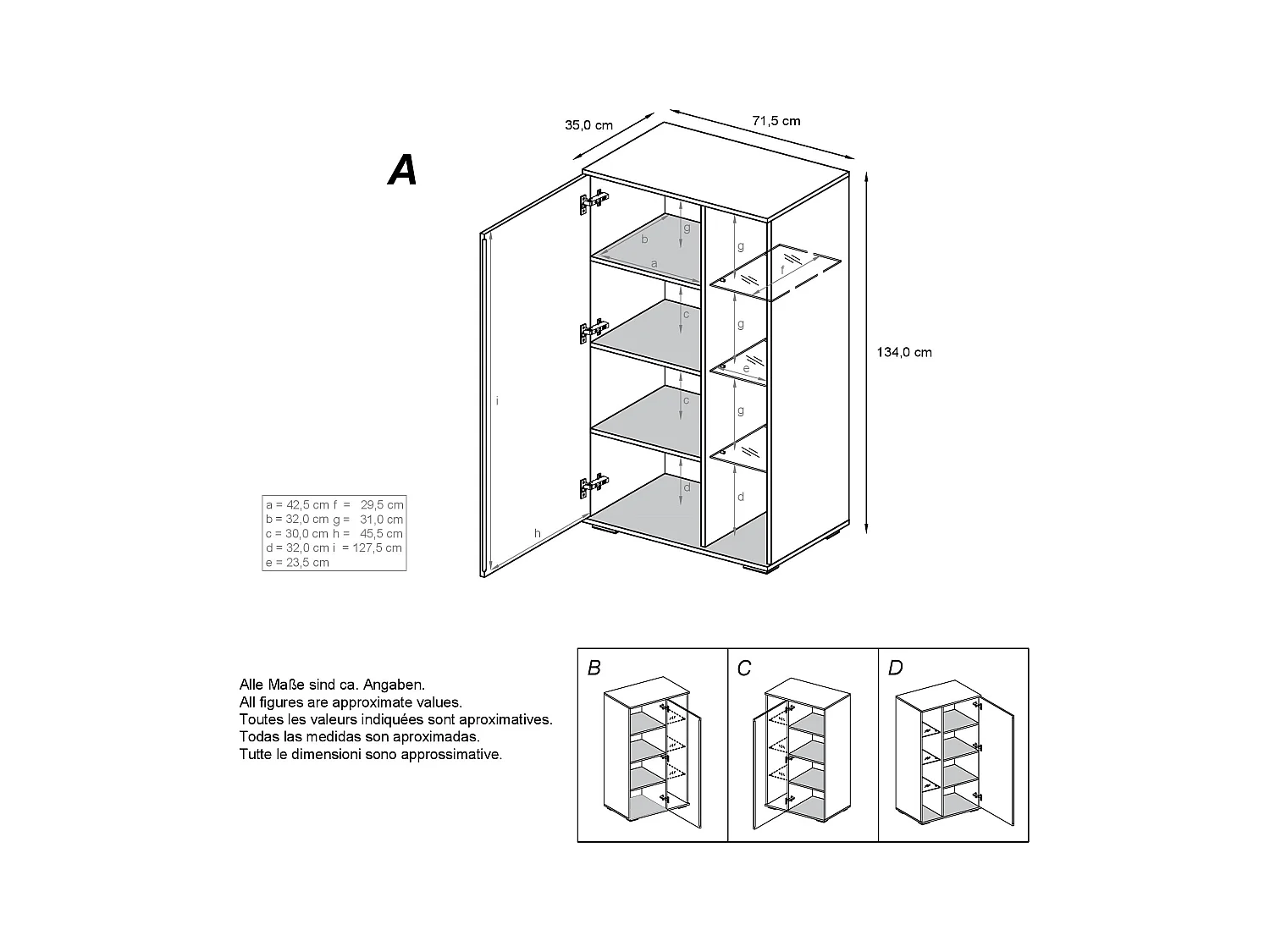 Vitrine Davos, vitrine sur pied avec 3 étagères en verre et 8 compartiments, anthracite mat/chêne nature  (71,5 x 134 x 35 cm)