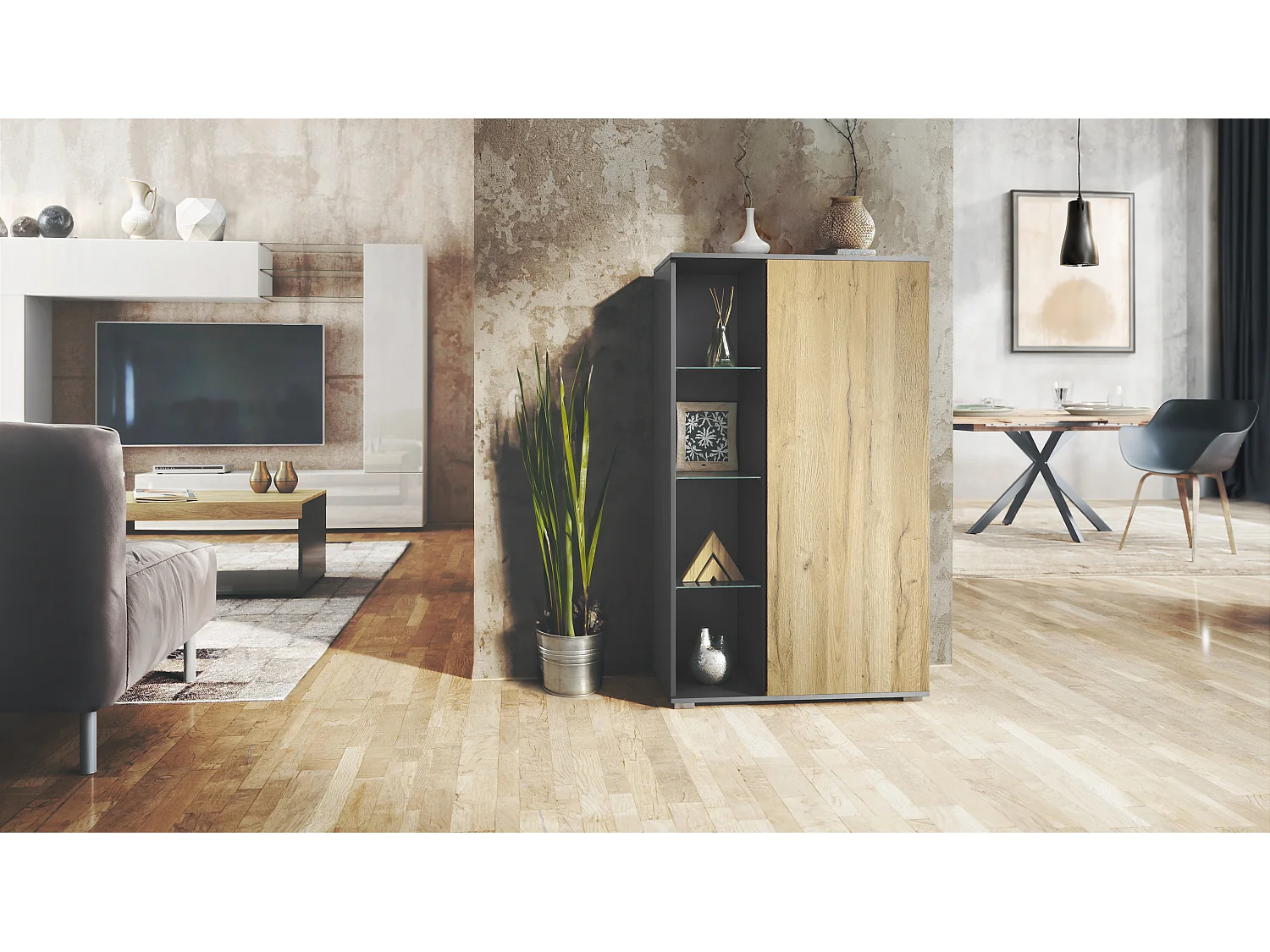 Vetrina Davos, vetrina indipendente con 3 ripiani in vetro e 8 vani, antracite opaco /rovere naturale  (71,5 x 134 x 35 cm)