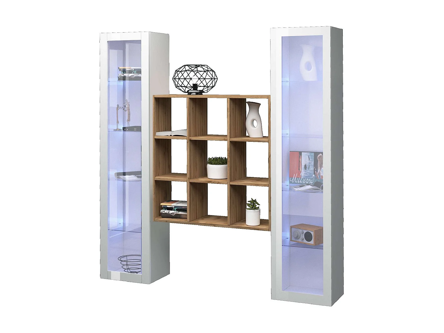 Bibliothèque suspendue en bois 2 vitrines colonnes blanc Vila WH