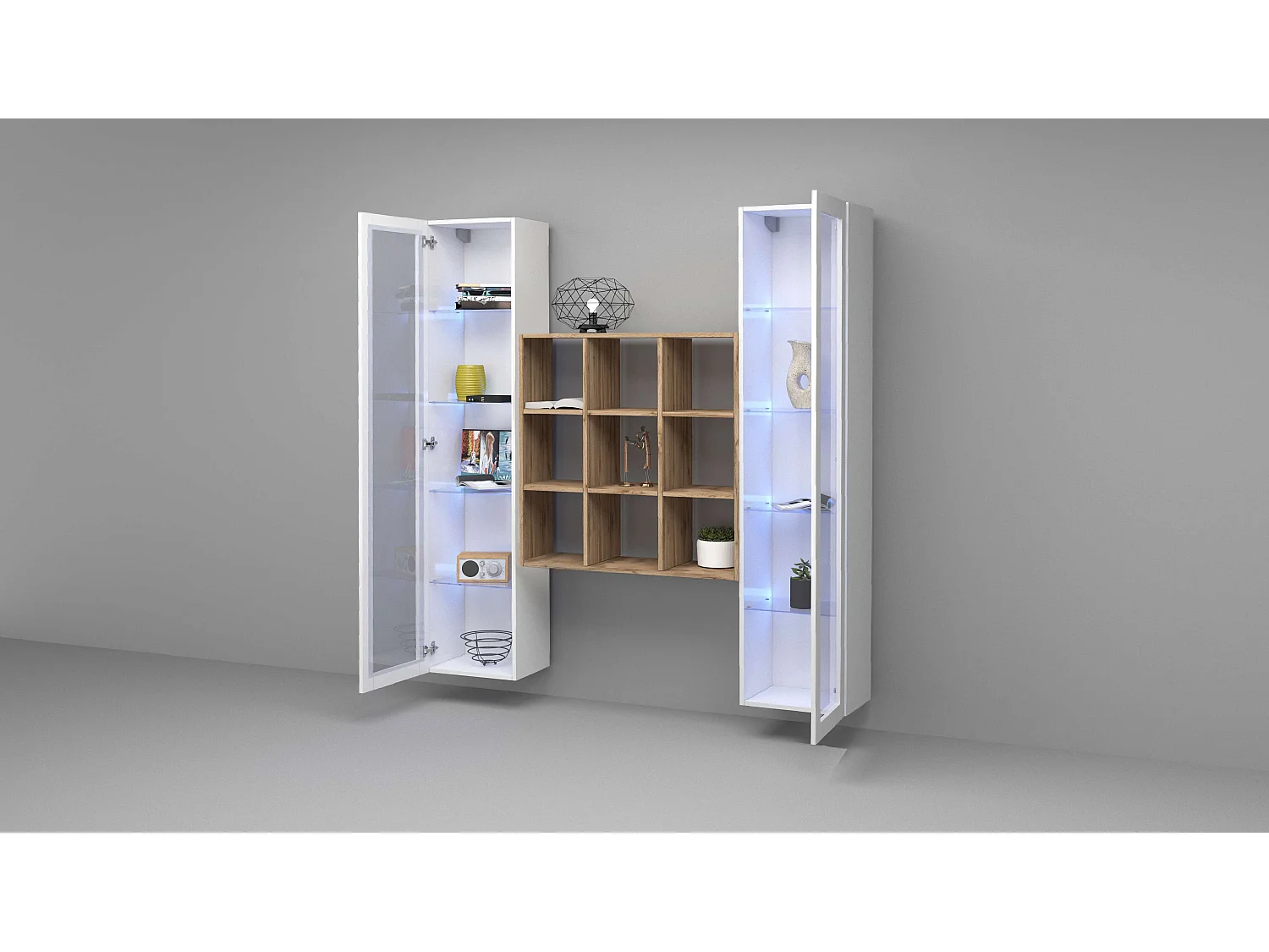 Parete attrezzata sospesa libreria in legno 2 vetrine bianche Vila WH