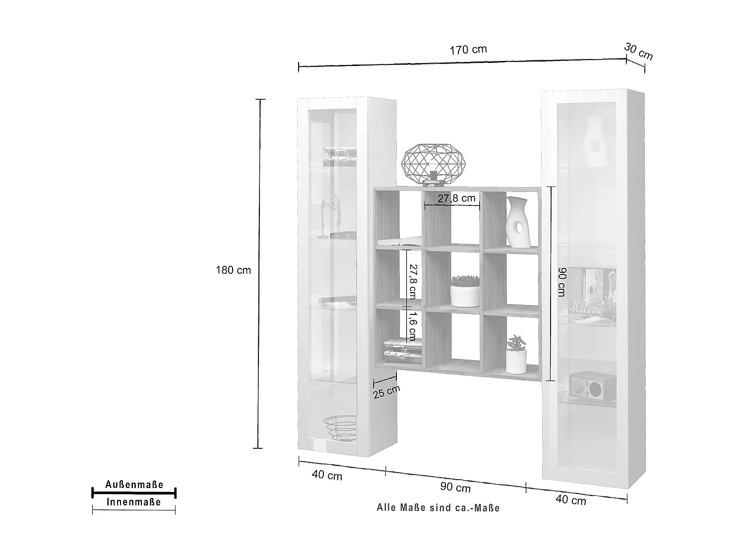 Parete attrezzata sospesa libreria in legno 2 vetrine bianche Vila WH
