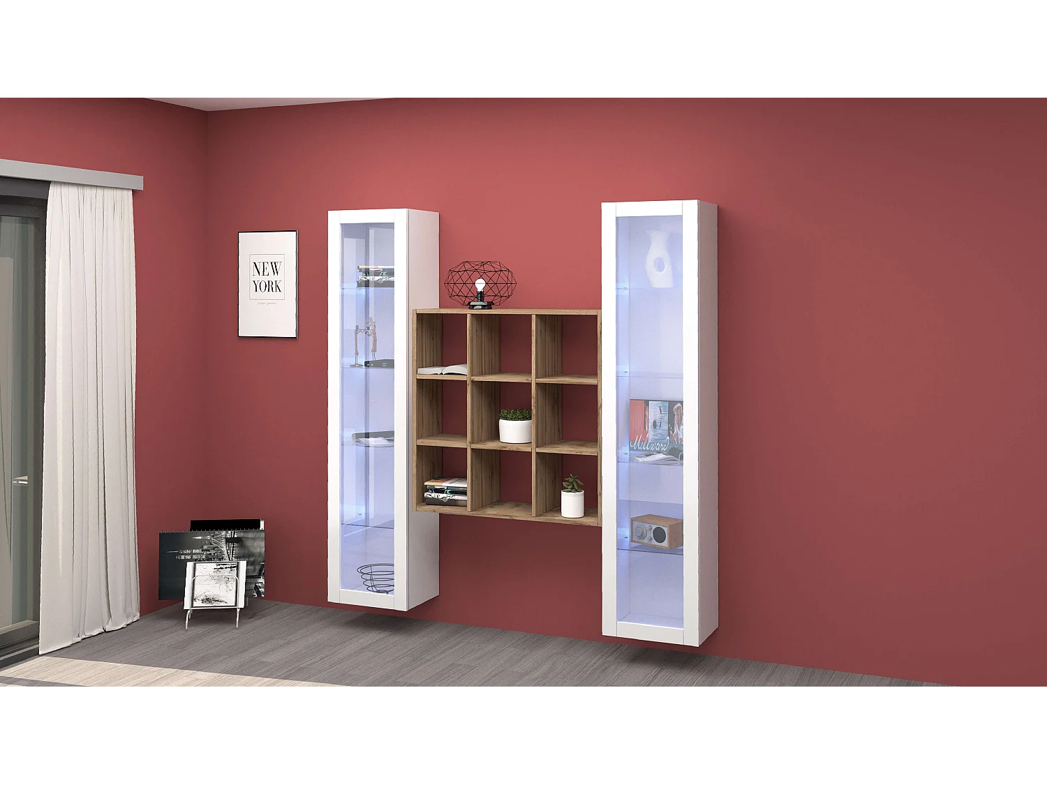 Parete attrezzata sospesa libreria in legno 2 vetrine bianche Vila WH