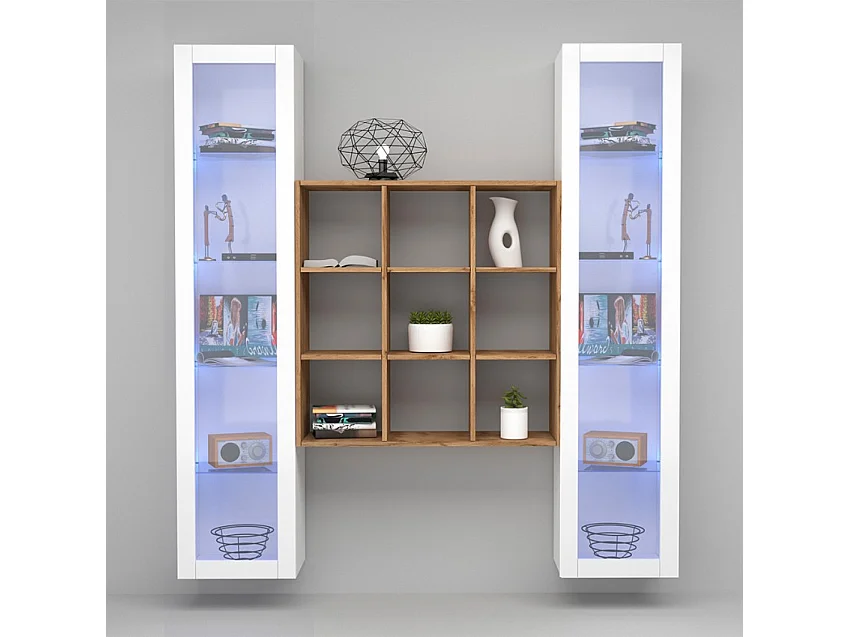Parete attrezzata sospesa libreria in legno 2 vetrine bianche Vila WH