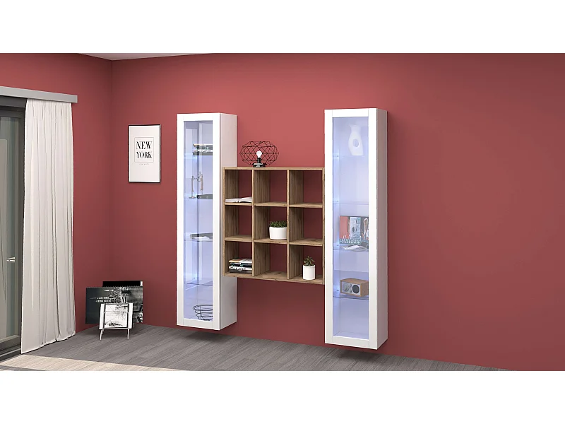 Hängende Wohnwand Bücherregal aus Holz mit 2 weißen Vitrinen Vila WH