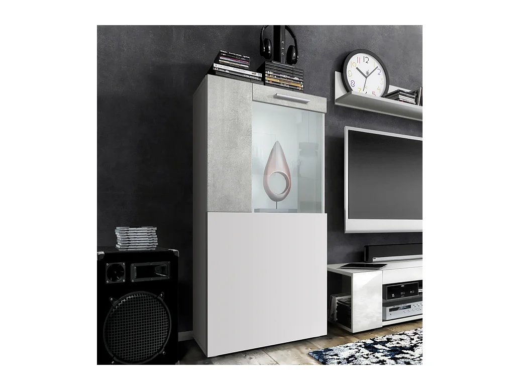 Vitrine de cinéma, blanc mat/aspect béton oxyde - Vitrine moderne en verre - (LxHxP) : 50,5 x 111 x 32,5 cm