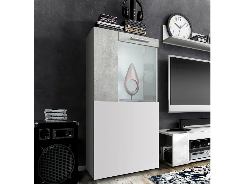 Vladon Vetrina Movie, bianco opaco/ottica cermento ossido - Vetrina moderna in vetro - (LxHxP): 50,5 x 111 x 32,5 cm