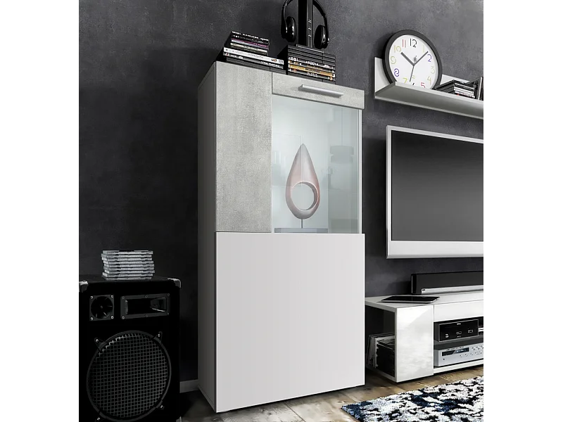 Vitrine de cinéma, blanc mat/aspect béton oxyde - Vitrine moderne en verre - (LxHxP) : 50,5 x 111 x 32,5 cm