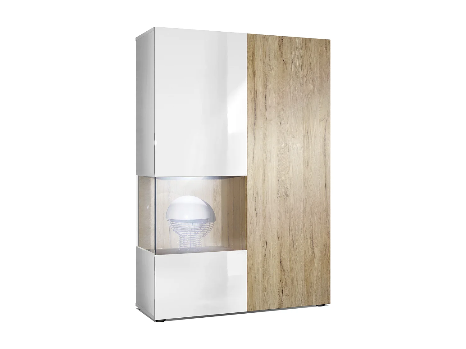 Vitrine Armoire Morena, Corps en Blanc mat / Porte droite et insert en Chêne Nature avec éclairage LED