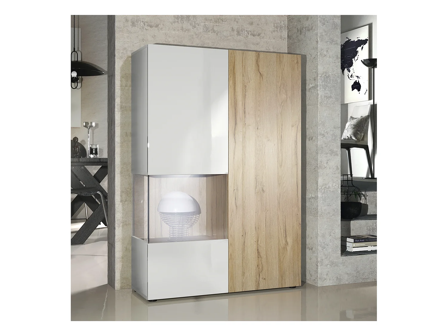 Vitrine Armoire Morena, Corps en Blanc mat / Porte droite et insert en Chêne Nature avec éclairage LED