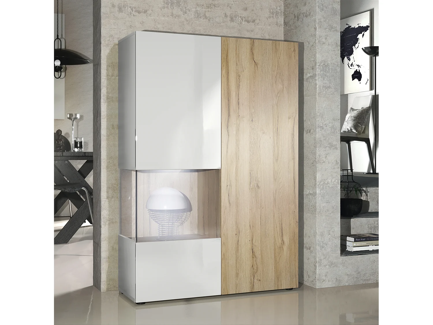 Armadio espositivo alto Morena, struttura in bianco opaco / anta destra e inserto in rovere naturale con illuminazione a LED