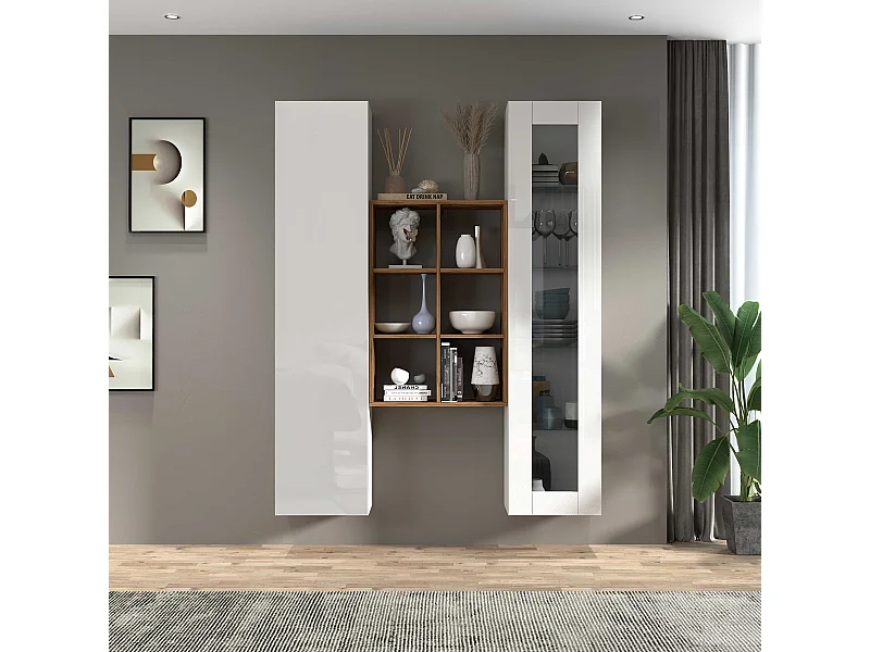 Set soggiorno Maruska con libreria vetrina e colonna bianco lucido e rovere 140x30x180 cm