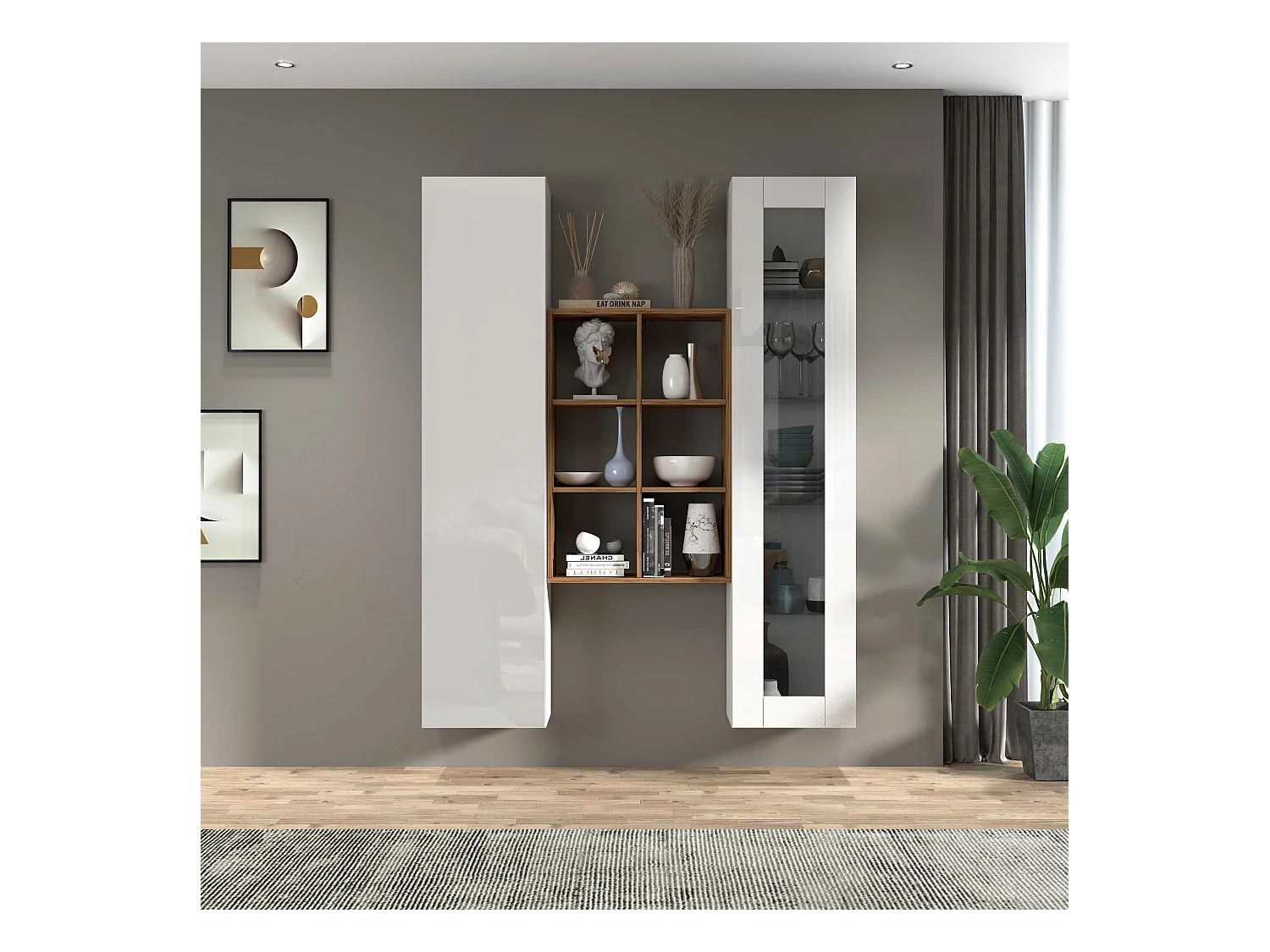 Mueble de salón blanco con vitrina librería y armario Teret WH