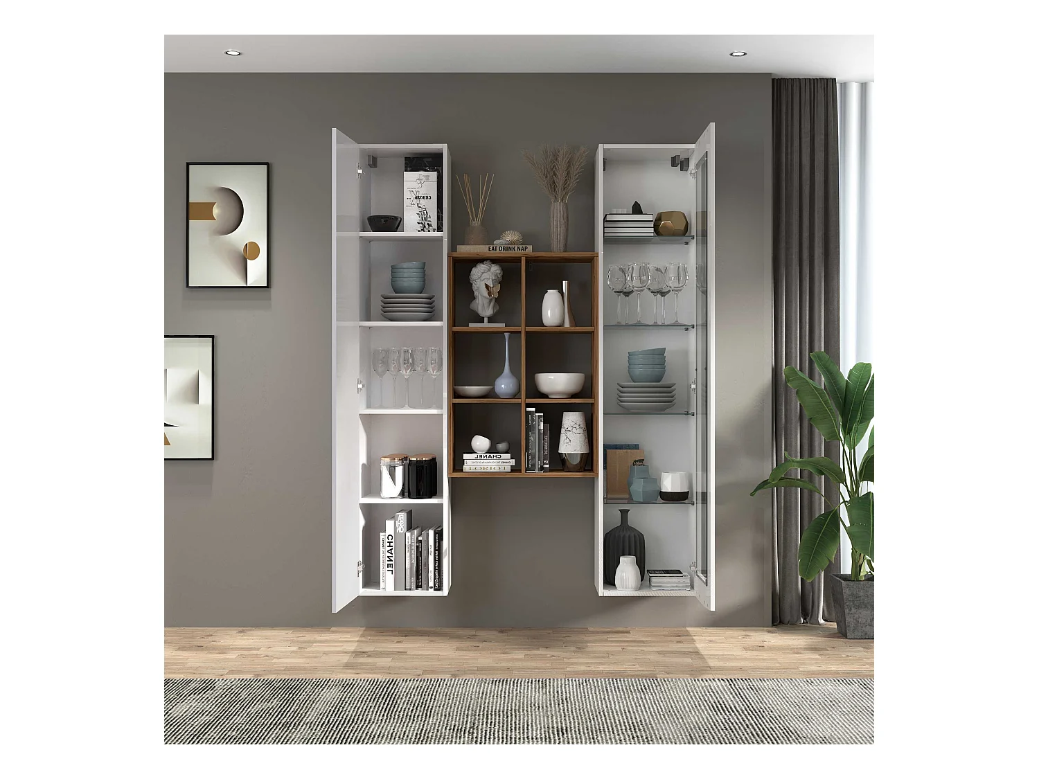 Mueble de salón blanco con vitrina librería y armario Teret WH