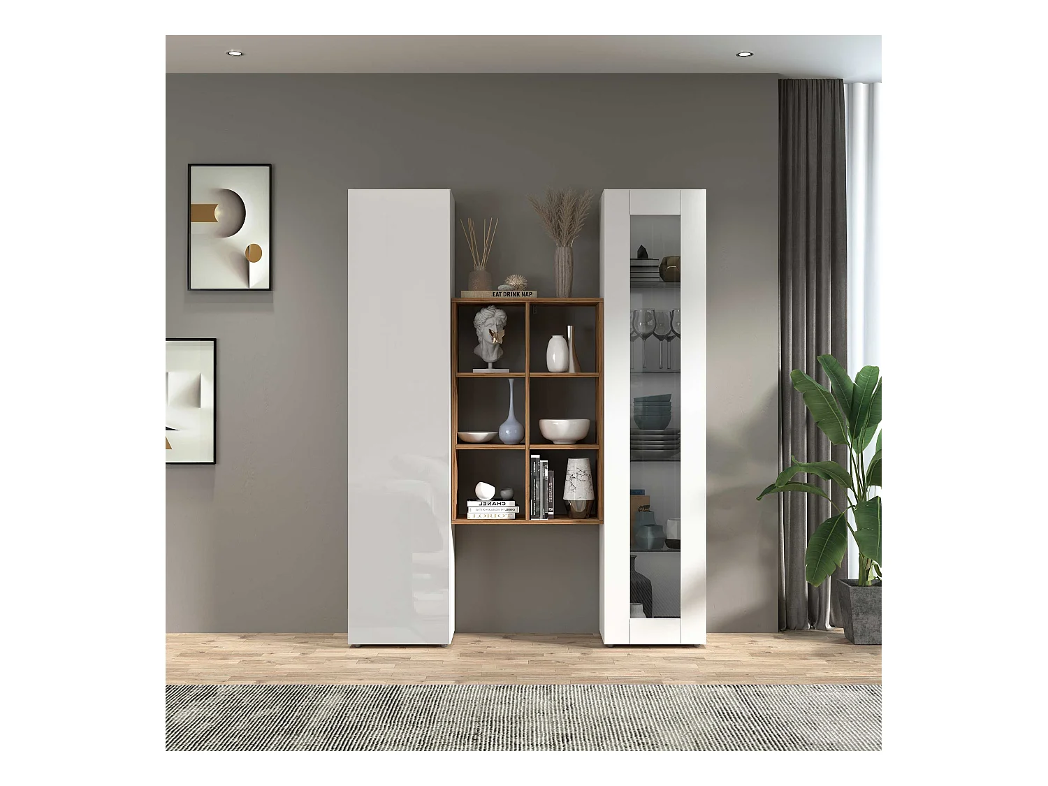 Mueble de salón blanco con vitrina librería y armario Teret WH