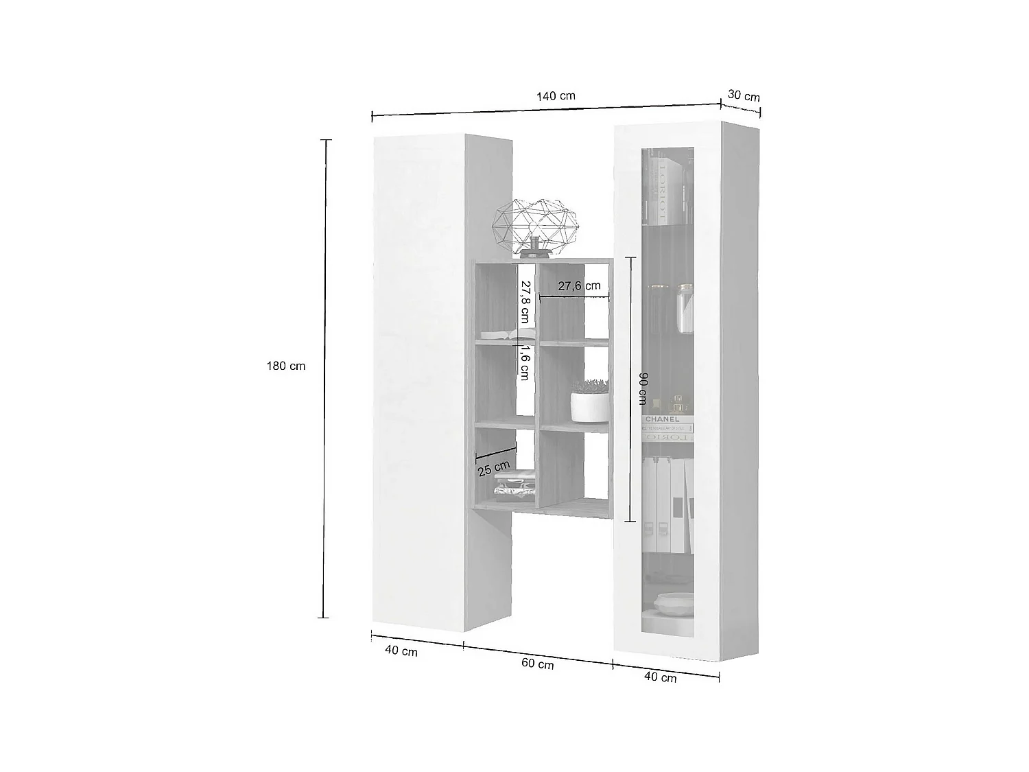Mueble de salón blanco con vitrina librería y armario Teret WH