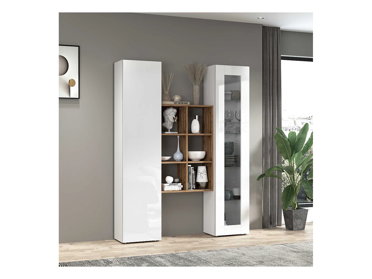 Mueble de salón blanco con vitrina librería y armario Teret WH
