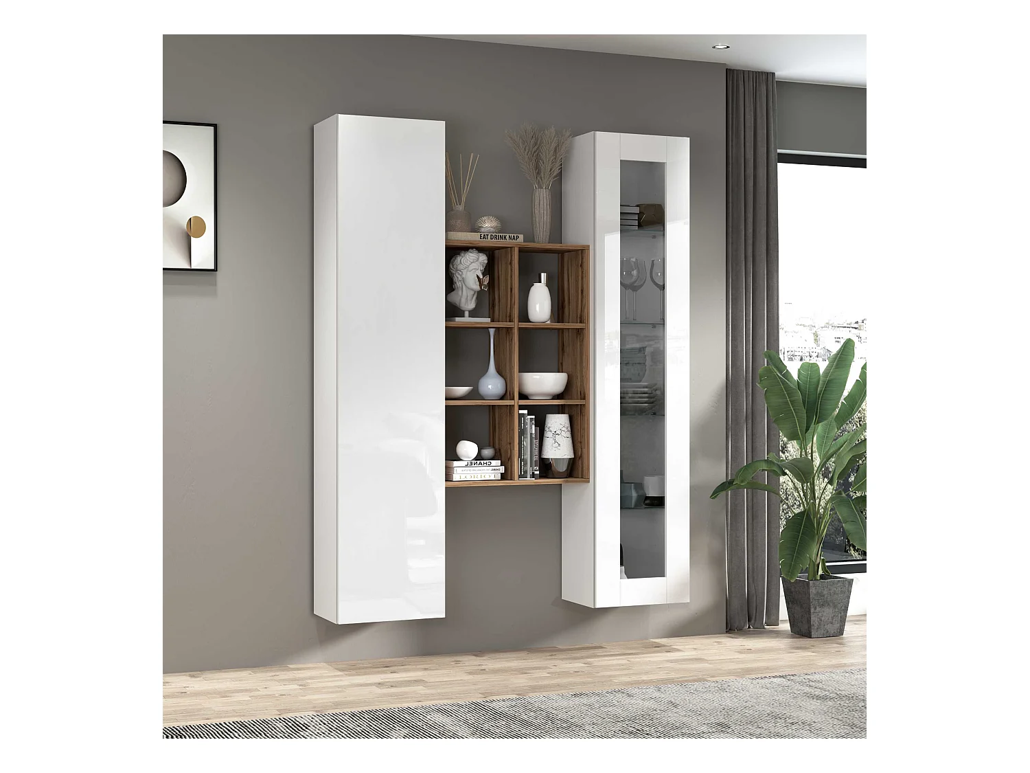 Mueble de salón blanco con vitrina librería y armario Teret WH