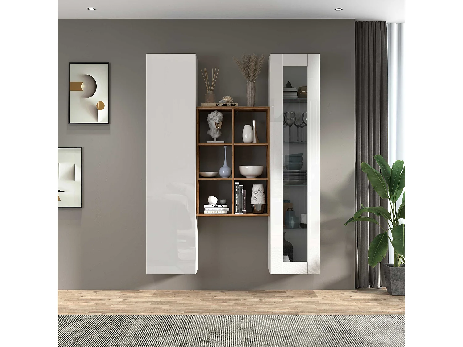 Set soggiorno Maruska con libreria vetrina e colonna bianco lucido e rovere 140x30x180 cm