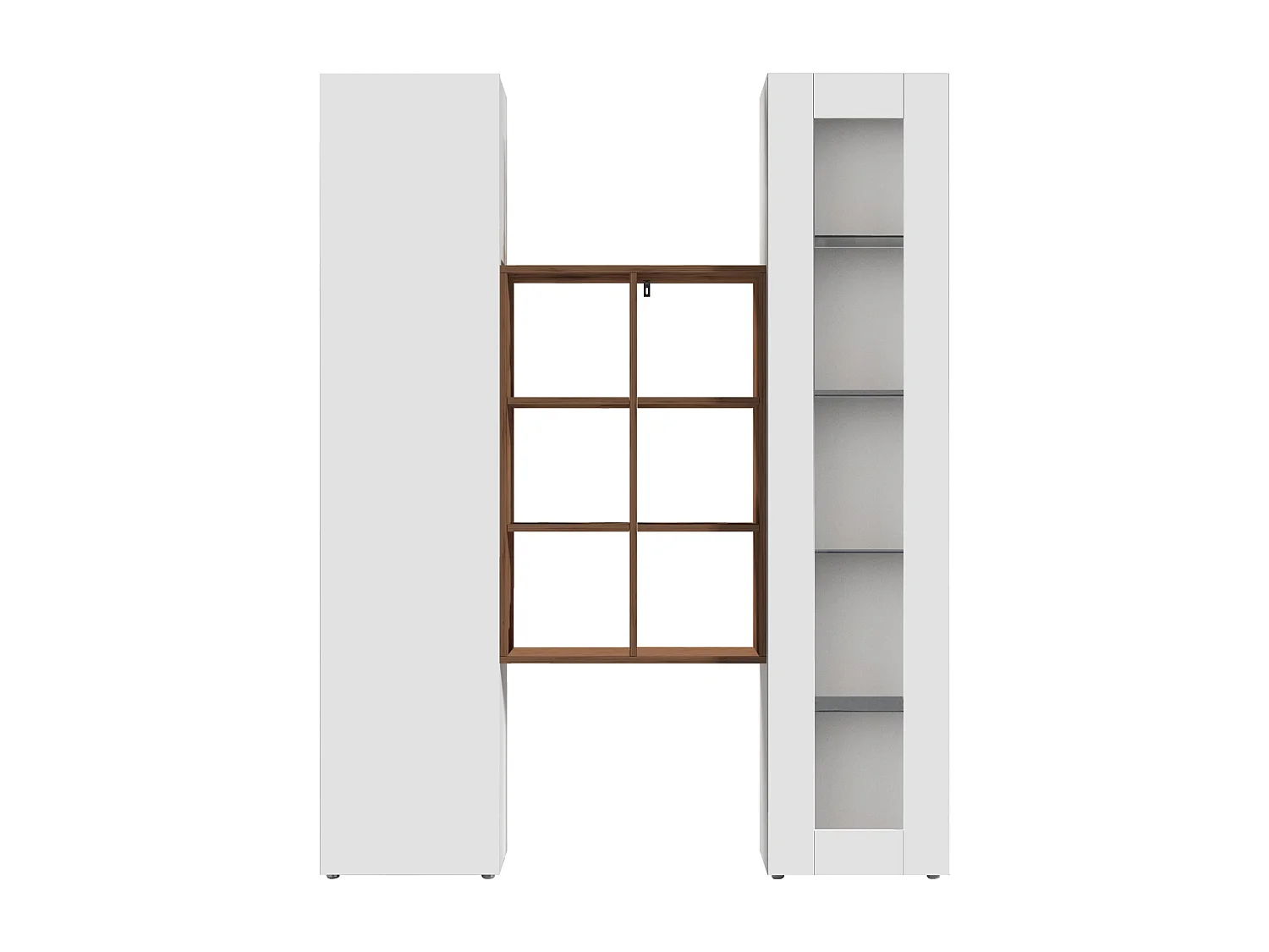 Set soggiorno Maruska con libreria vetrina e colonna bianco lucido e rovere 140x30x180 cm