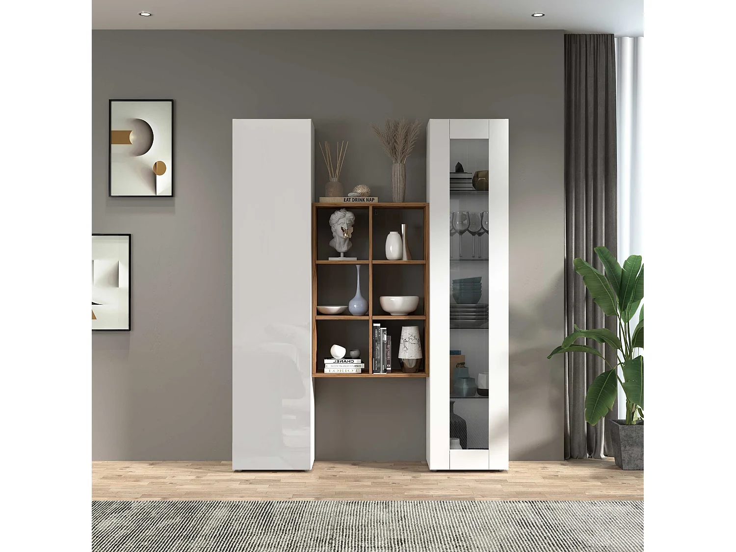 Set soggiorno Maruska con libreria vetrina e colonna bianco lucido e rovere 140x30x180 cm