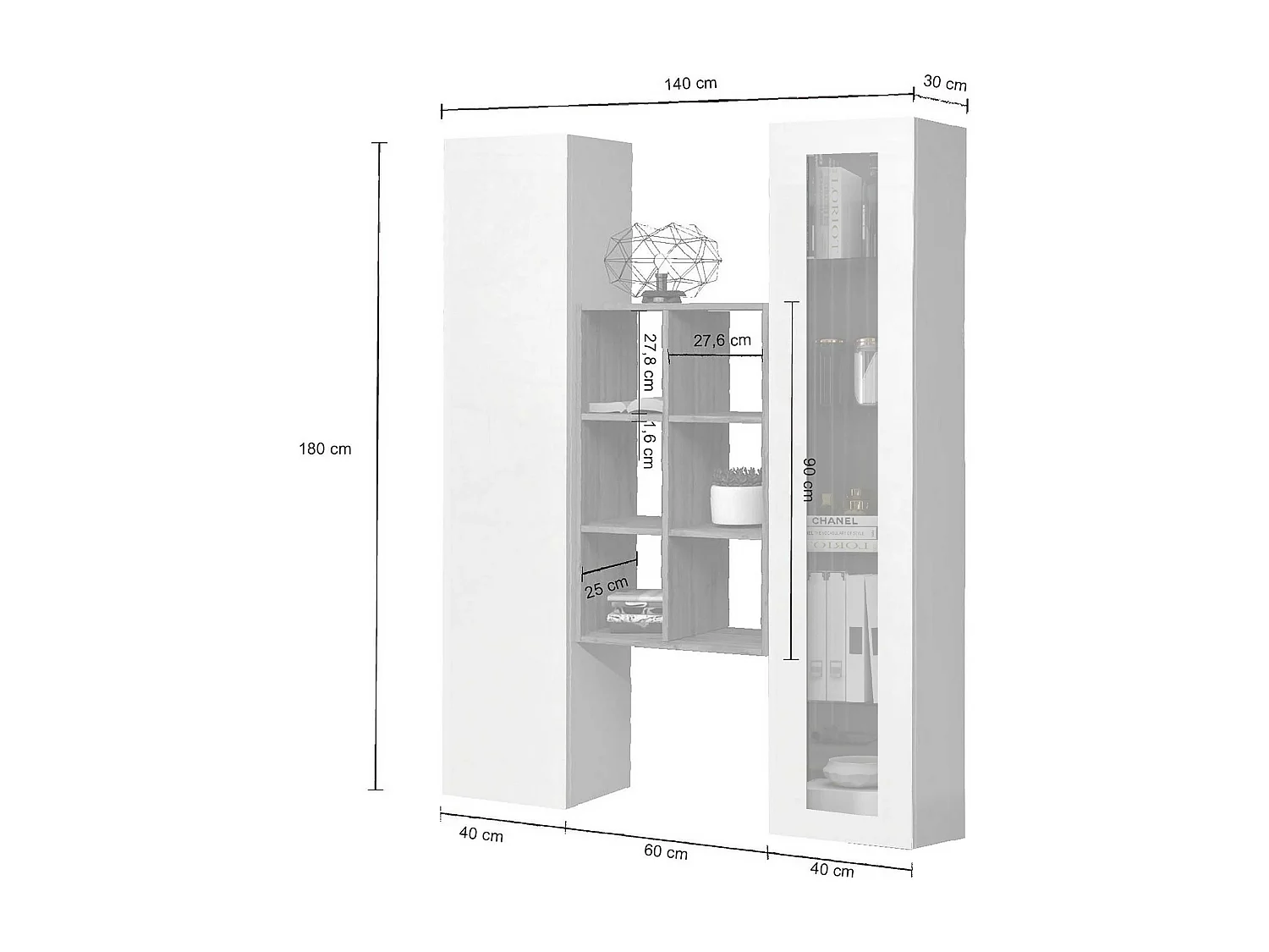 Set soggiorno Maruska con libreria vetrina e colonna bianco lucido e rovere 140x30x180 cm