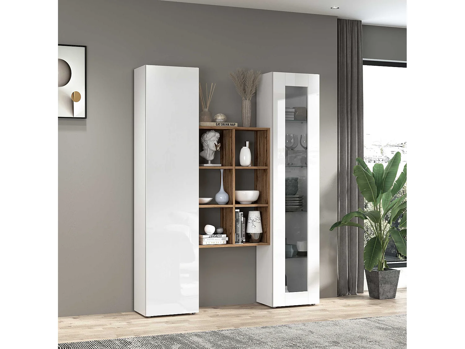Set soggiorno Maruska con libreria vetrina e colonna bianco lucido e rovere 140x30x180 cm