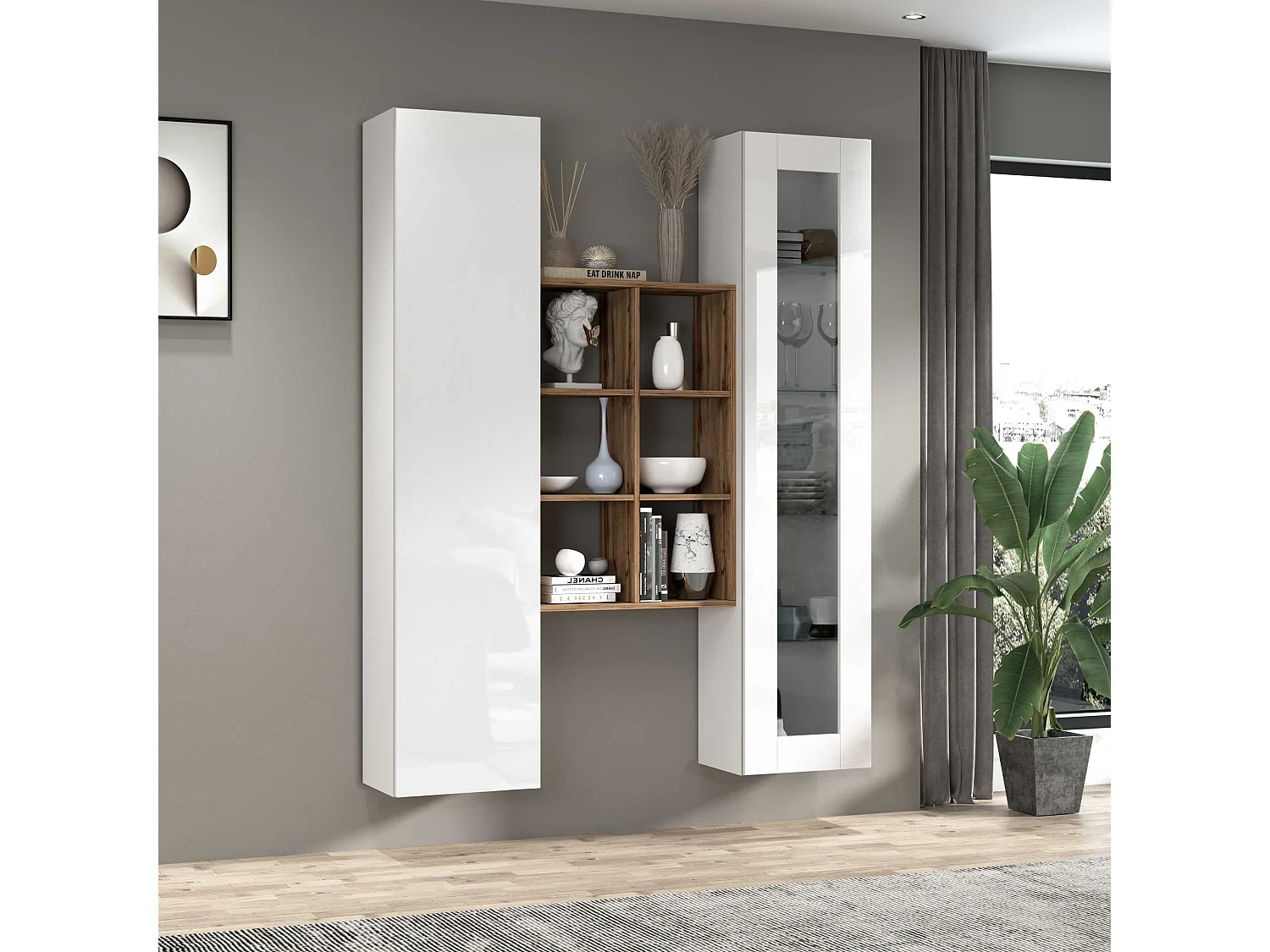 Set soggiorno Maruska con libreria vetrina e colonna bianco lucido e rovere 140x30x180 cm