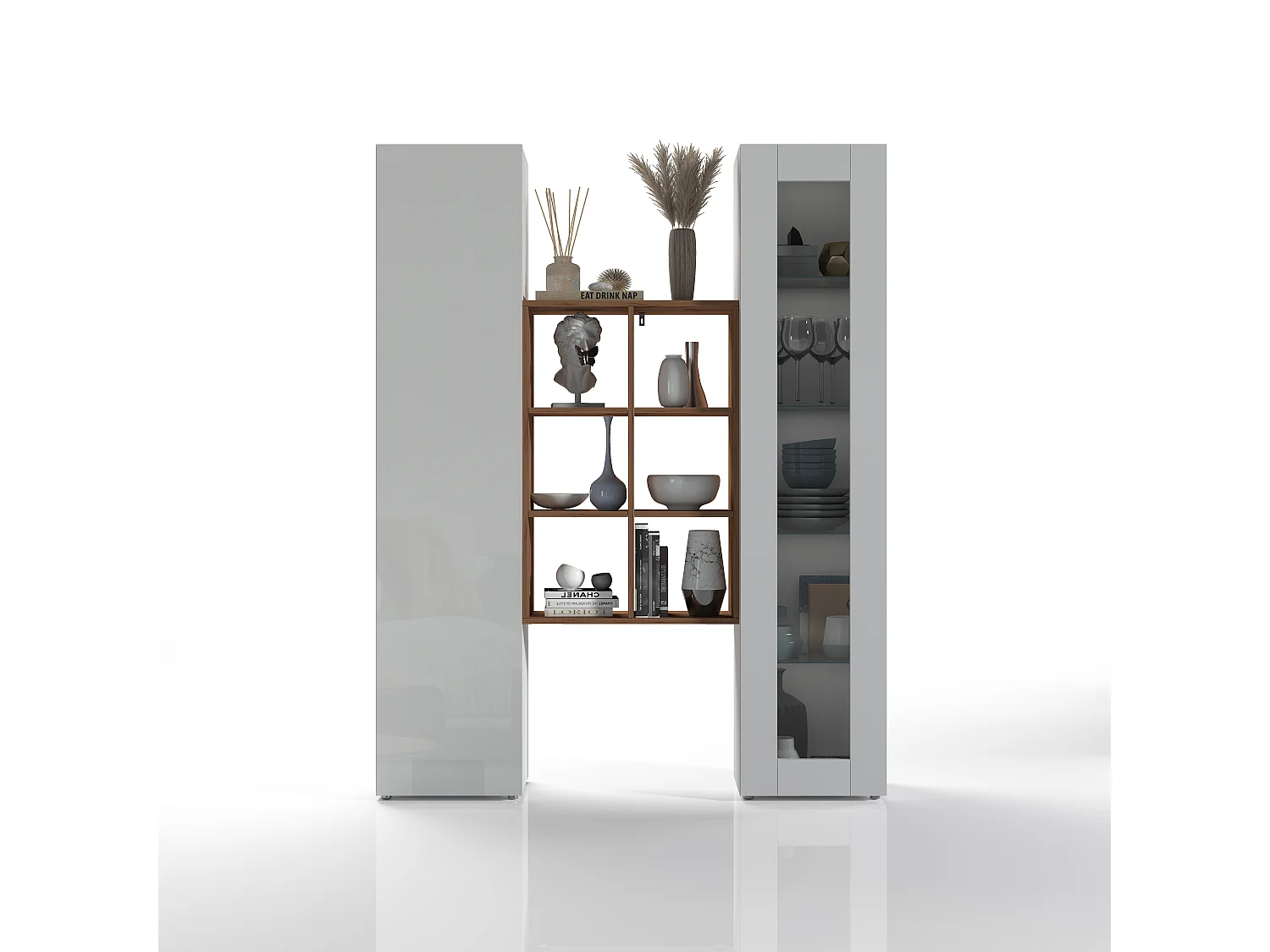 Armoire de salon blanche avec vitrine et bibliothèque Teret WH