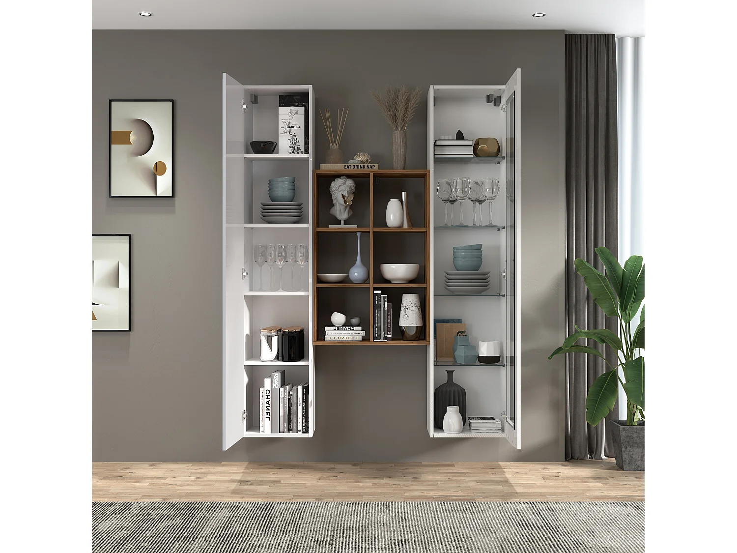 Armoire de salon blanche avec vitrine et bibliothèque Teret WH