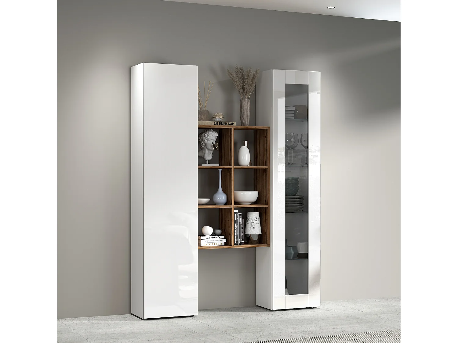 Armoire de salon blanche avec vitrine et bibliothèque Teret WH
