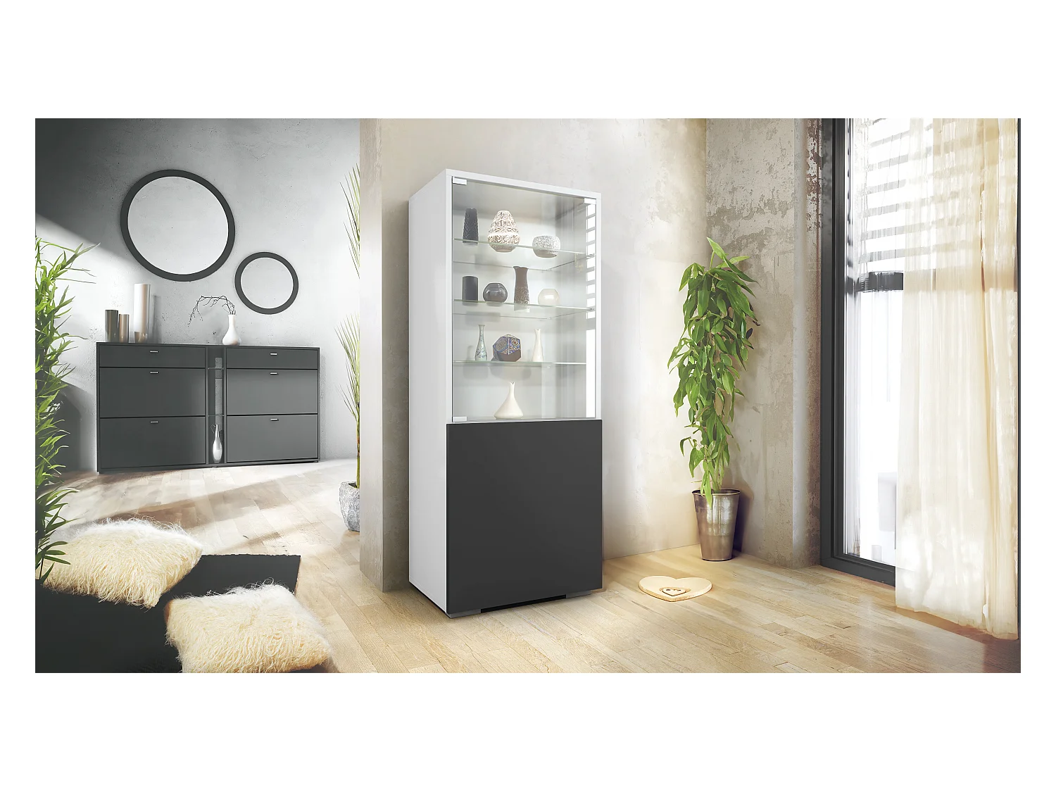 Vitrine Granada, Armoire Vitrée Made in Germany, avec Porte en Verre et Insert en Verre, blanc mat/noir mat (50 x 122,5 x 34,5 cm)