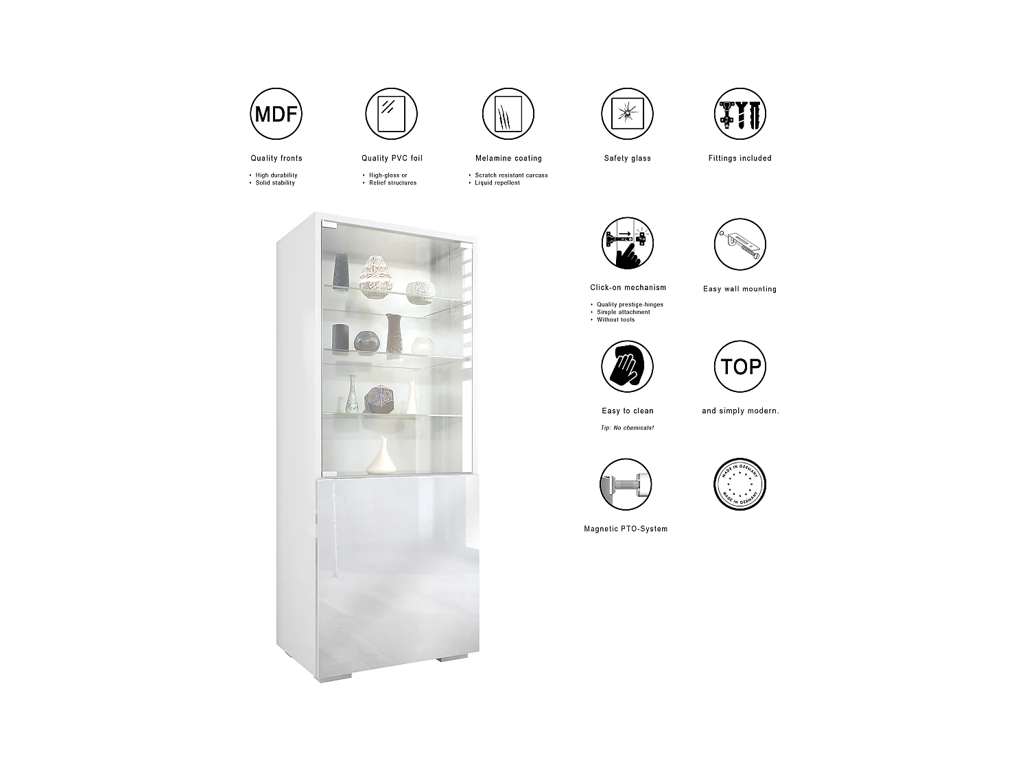 Vitrine Granada, Armoire Vitrée Made in Germany, avec Porte en Verre et Insert en Verre, blanc mat/noir mat (50 x 122,5 x 34,5 cm)