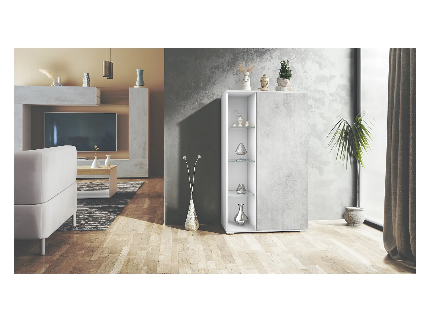 Vitrina Davos, vitrina independiente con 3 estantes de cristal y 8 compartimentos, blanco mate/hormigón oxidado  (71,5 x 134 x 35 cm)