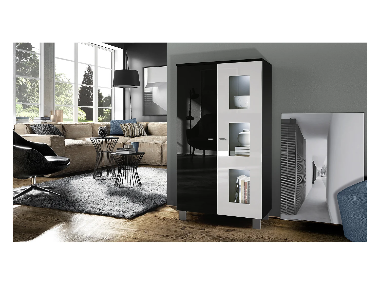 Vitrine de salon Denjo, Vitrine sur pied avec 2 portes et 3 vitres, Noir mat/Noir haute brillance/Blanc brillant, éclairage LED inclus (71 x 129 x 35 cm)