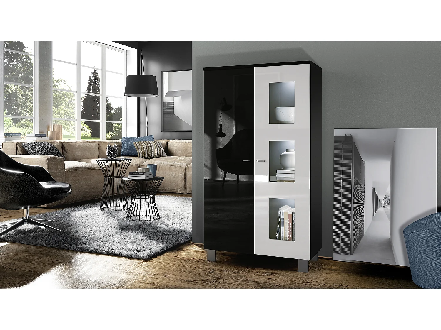 Vetrina  Denjo, vetrina autoportante con 2 ante e 3 pannelli in vetro, nero opaco/nero lucido/bianco lucido, illuminazione LED inclusa