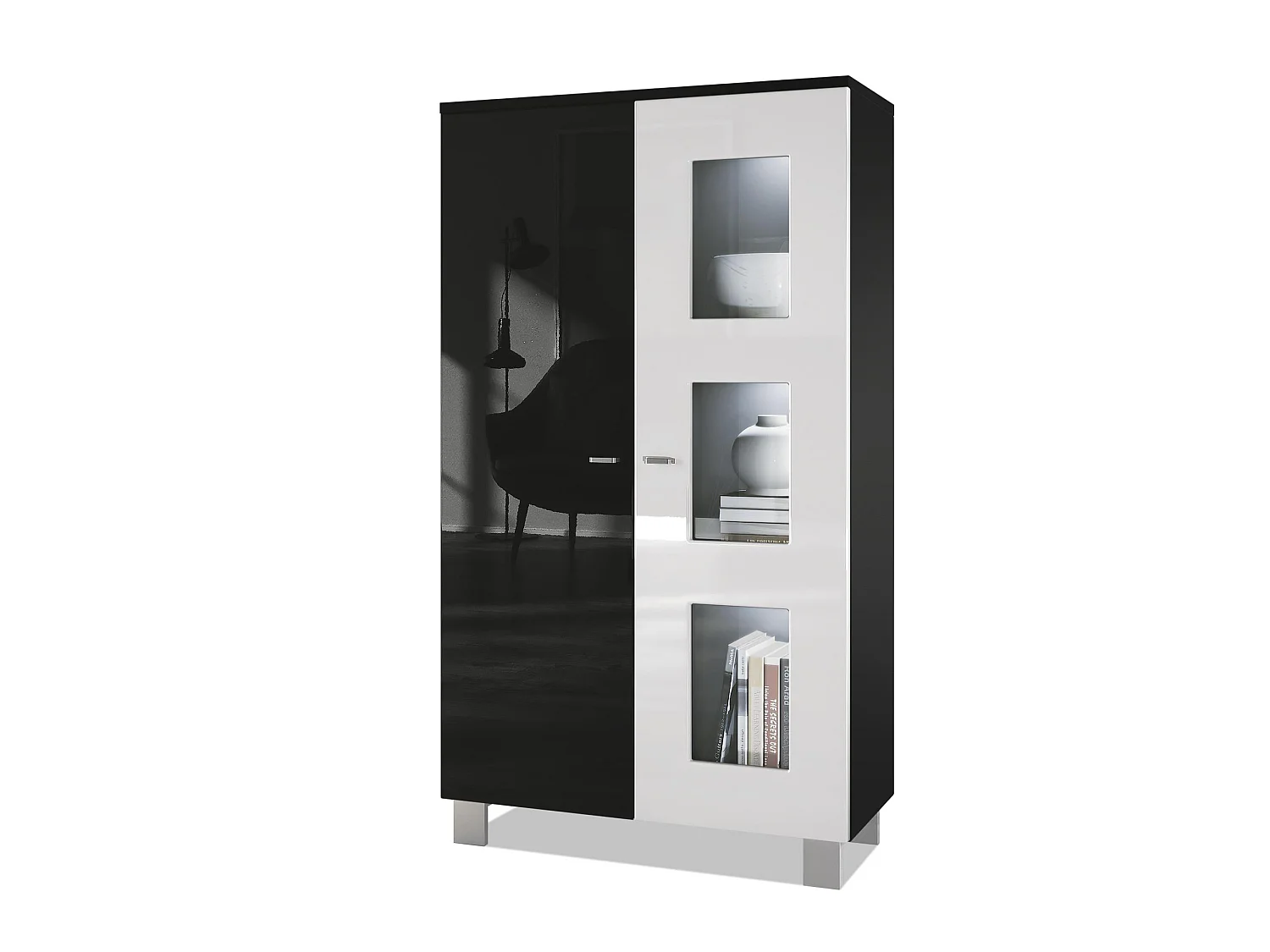 Vitrine de salon Denjo, Vitrine sur pied avec 2 portes et 3 vitres, Noir mat/Noir haute brillance/Blanc brillant, éclairage LED inclus (71 x 129 x 35 cm)