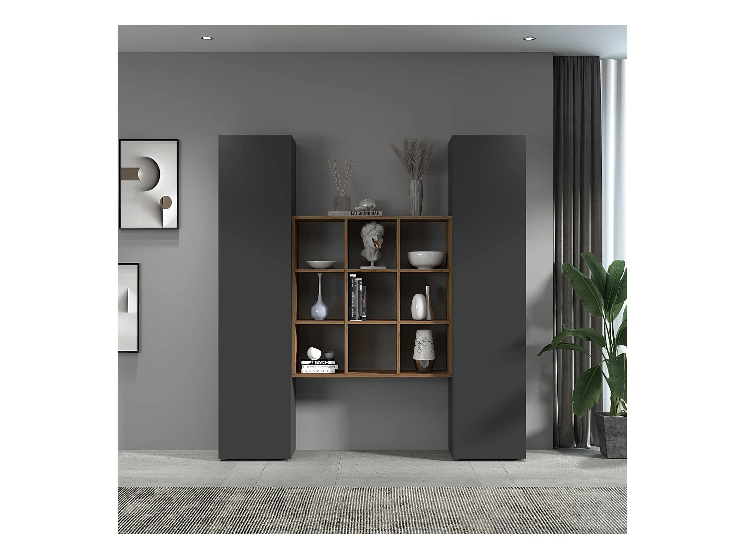 Set soggiorno Maruska con libreria e 2 colonne antracite opaco e rovere 170x30x180 cm