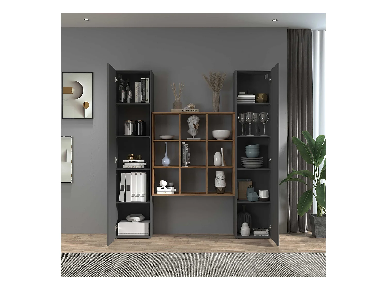 Set soggiorno Maruska con libreria e 2 colonne antracite opaco e rovere 170x30x180 cm