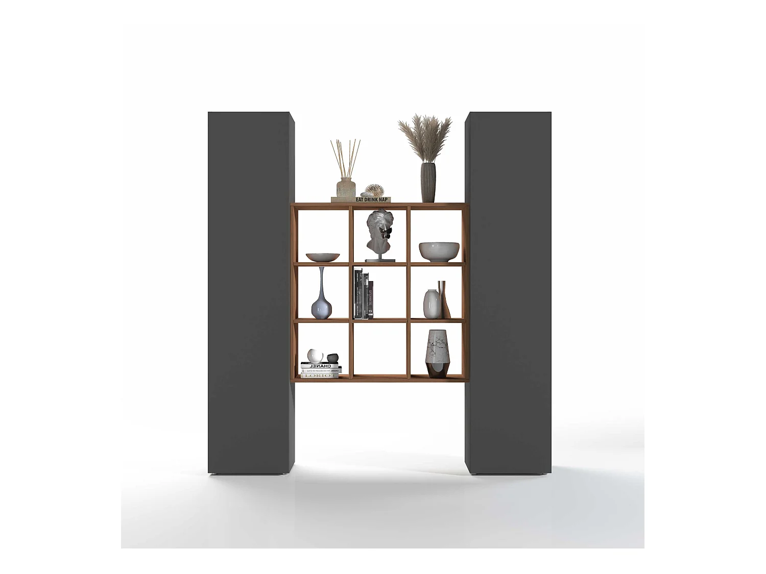 Set soggiorno Maruska con libreria e 2 colonne antracite opaco e rovere 170x30x180 cm