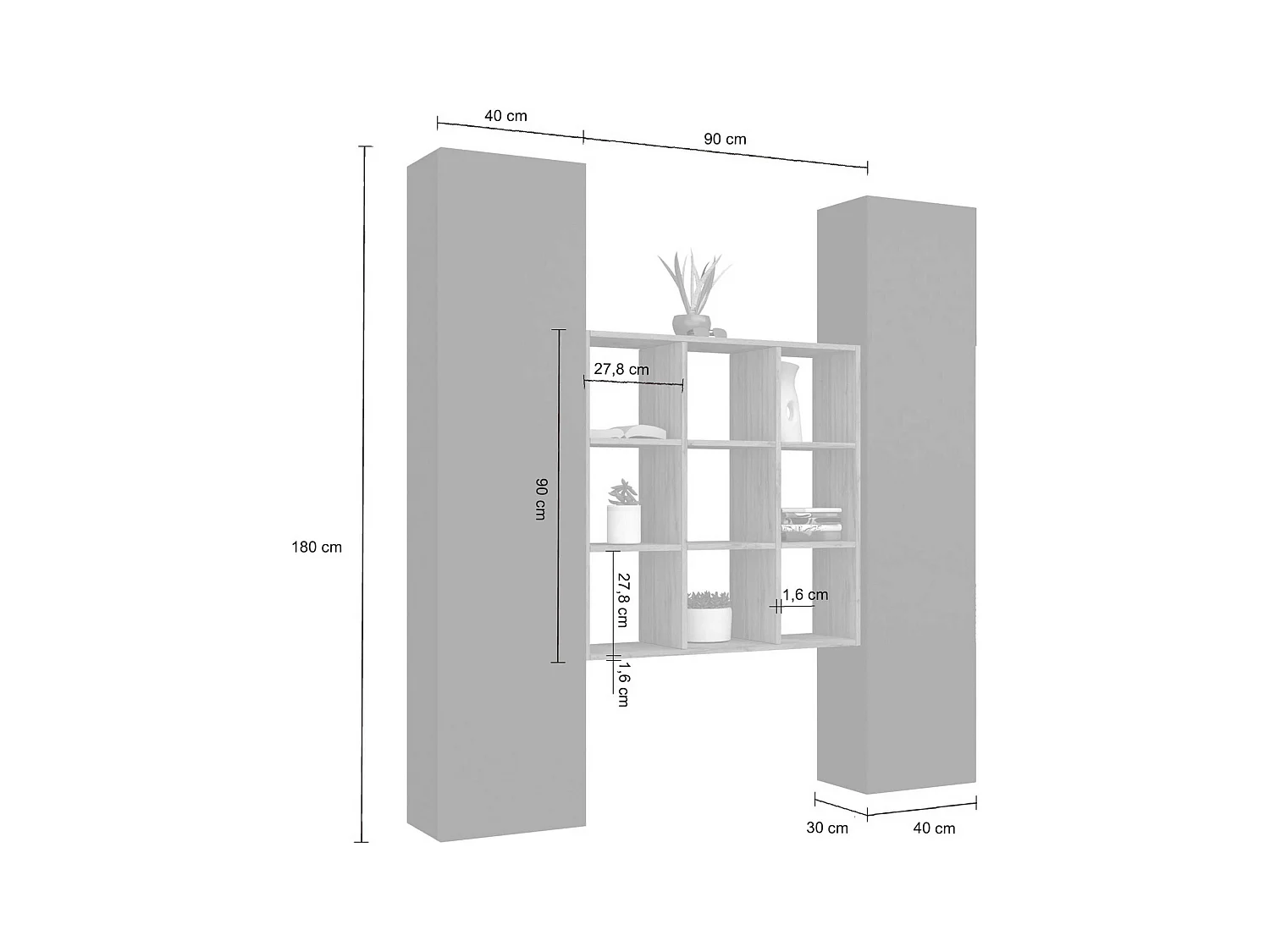 Set soggiorno Maruska con libreria e 2 colonne antracite opaco e rovere 170x30x180 cm