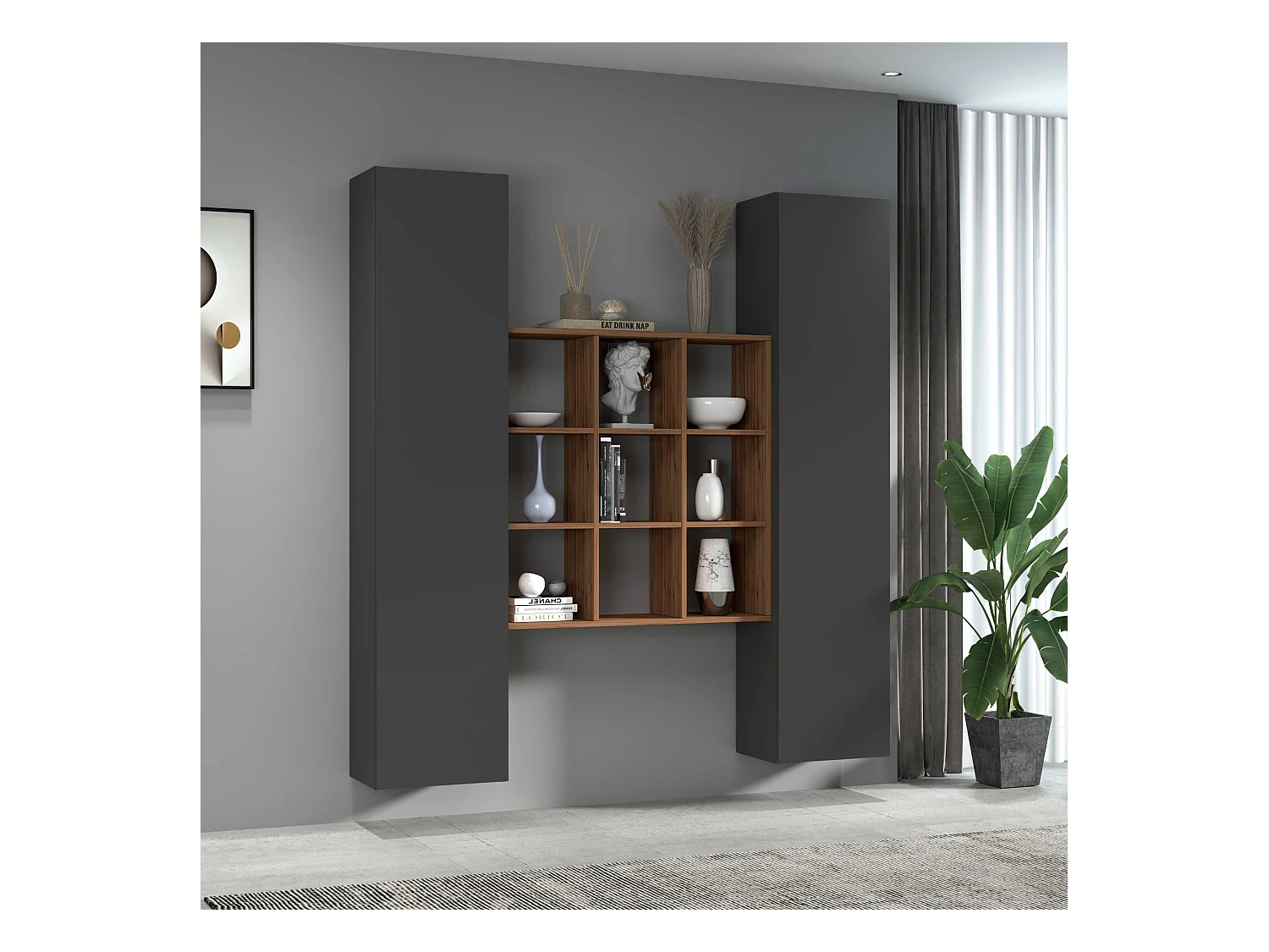 Set soggiorno Maruska con libreria e 2 colonne antracite opaco e rovere 170x30x180 cm