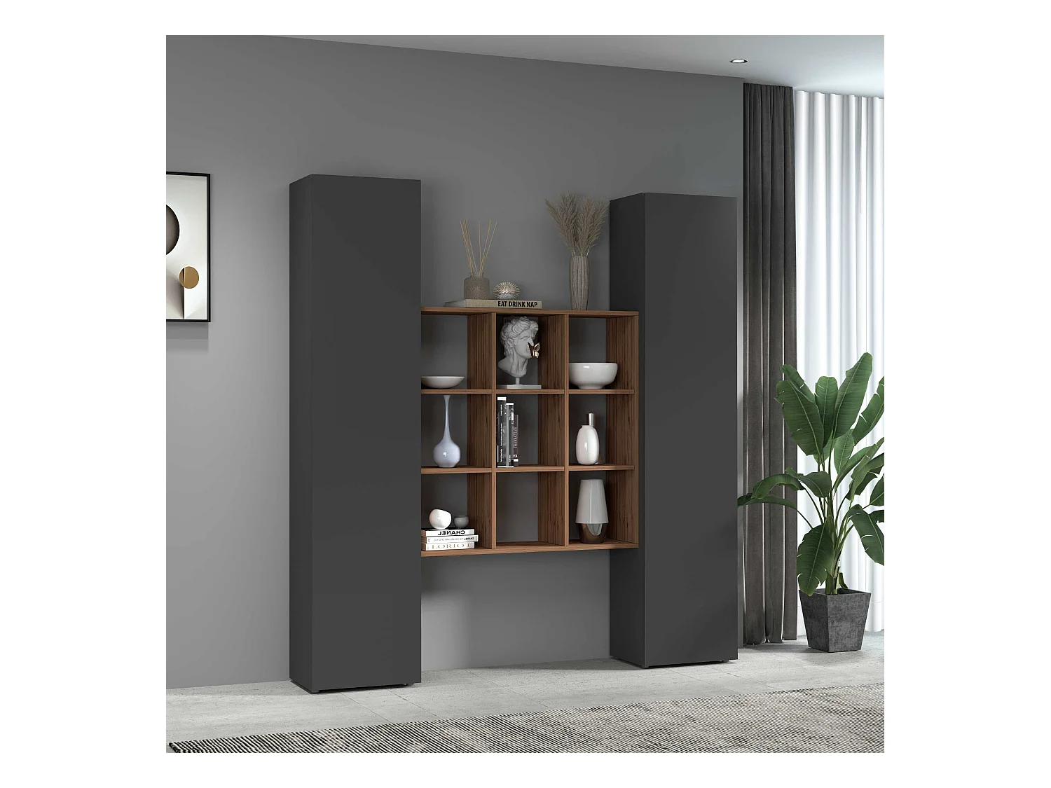 Set soggiorno Maruska con libreria e 2 colonne antracite opaco e rovere 170x30x180 cm