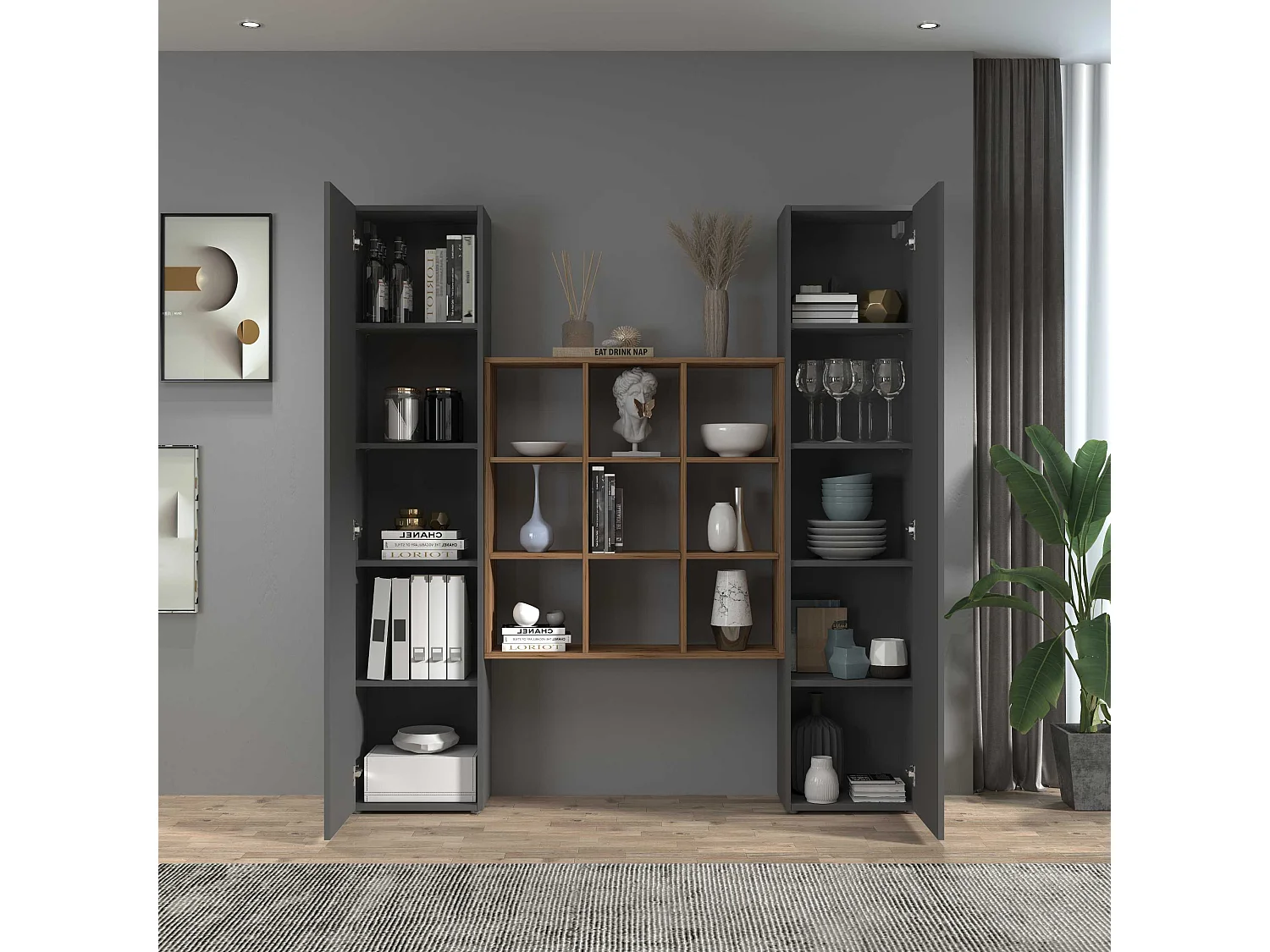 Moderne Wandregal-Kombination Pella RT aus Holz mit 2 Hängeschränken und Bücherregal