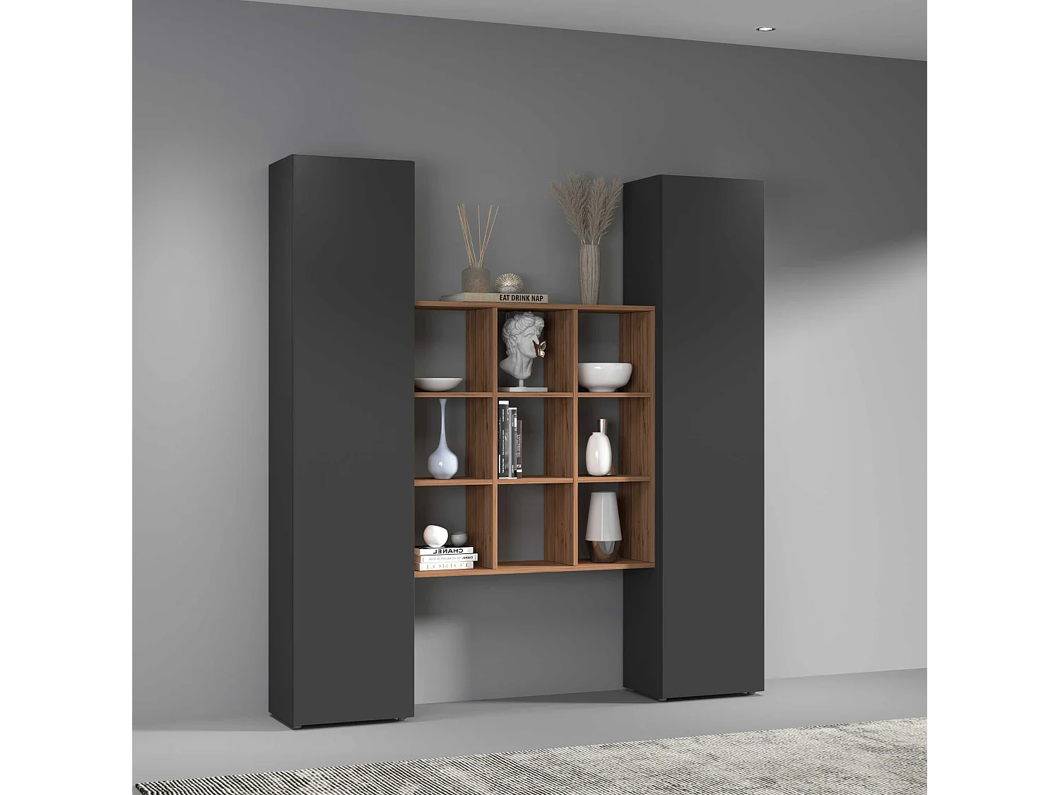 Moderne Wandregal-Kombination Pella RT aus Holz mit 2 Hängeschränken und Bücherregal