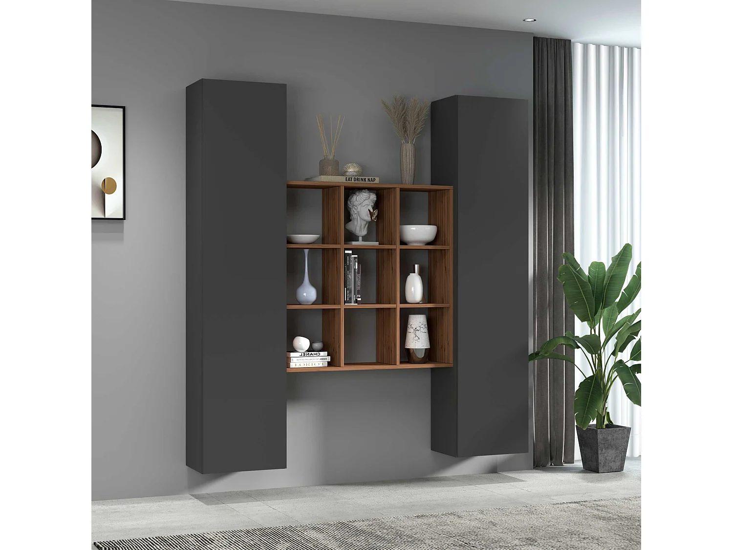 Moderne Wandregal-Kombination Pella RT aus Holz mit 2 Hängeschränken und Bücherregal