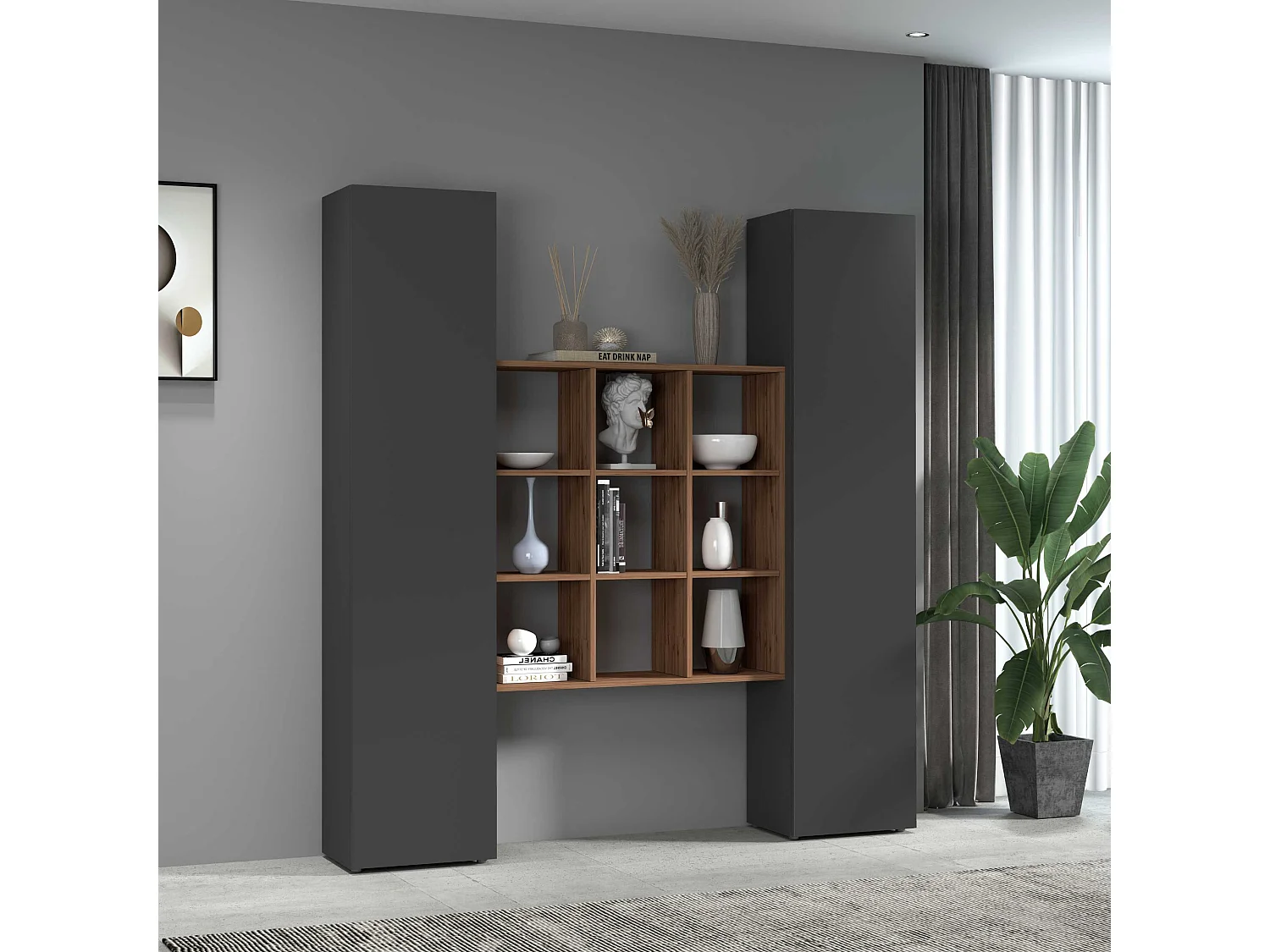 Moderne Wandregal-Kombination Pella RT aus Holz mit 2 Hängeschränken und Bücherregal