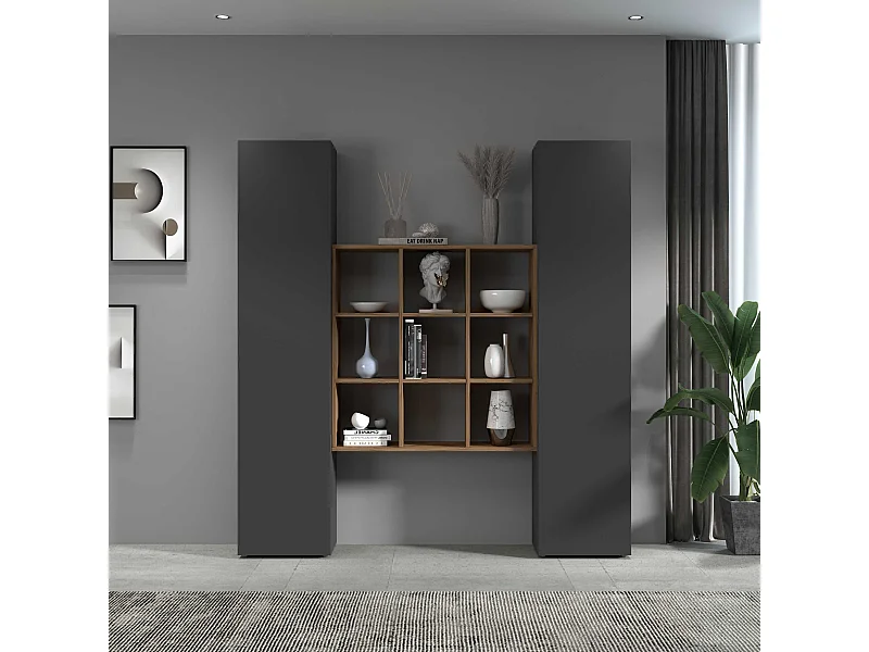 Set soggiorno Maruska con libreria e 2 colonne antracite opaco e rovere 170x30x180 cm