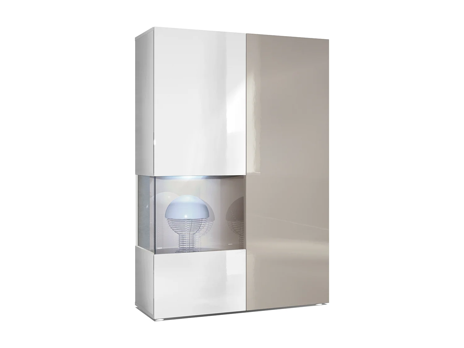 Vitrine Armoire Morena, Corps en Blanc mat / Porte droite et insert en Gris sable haute brillance avec éclairage LED