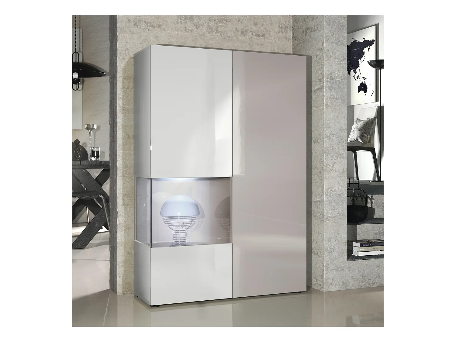 Vitrine Armoire Morena, Corps en Blanc mat / Porte droite et insert en Gris sable haute brillance avec éclairage LED